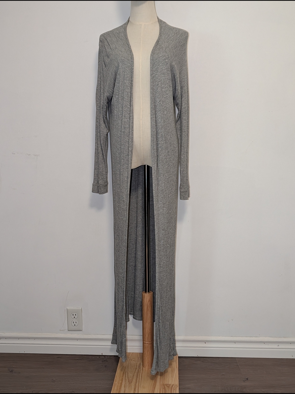 Gray Waffle Long Open-Front Cardigan
